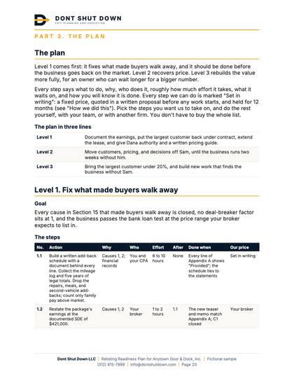 Sample plan page for Level 1, the steps that fix what made buyers walk away