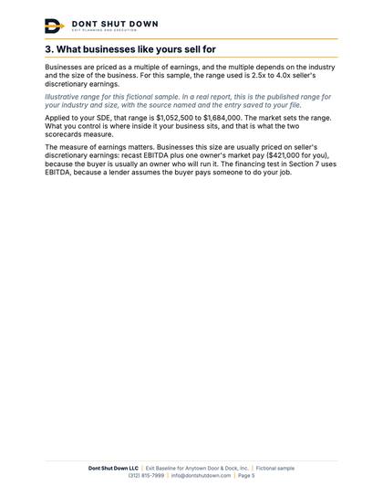 Sample report page showing what businesses like the fictional company sell for and its range of value